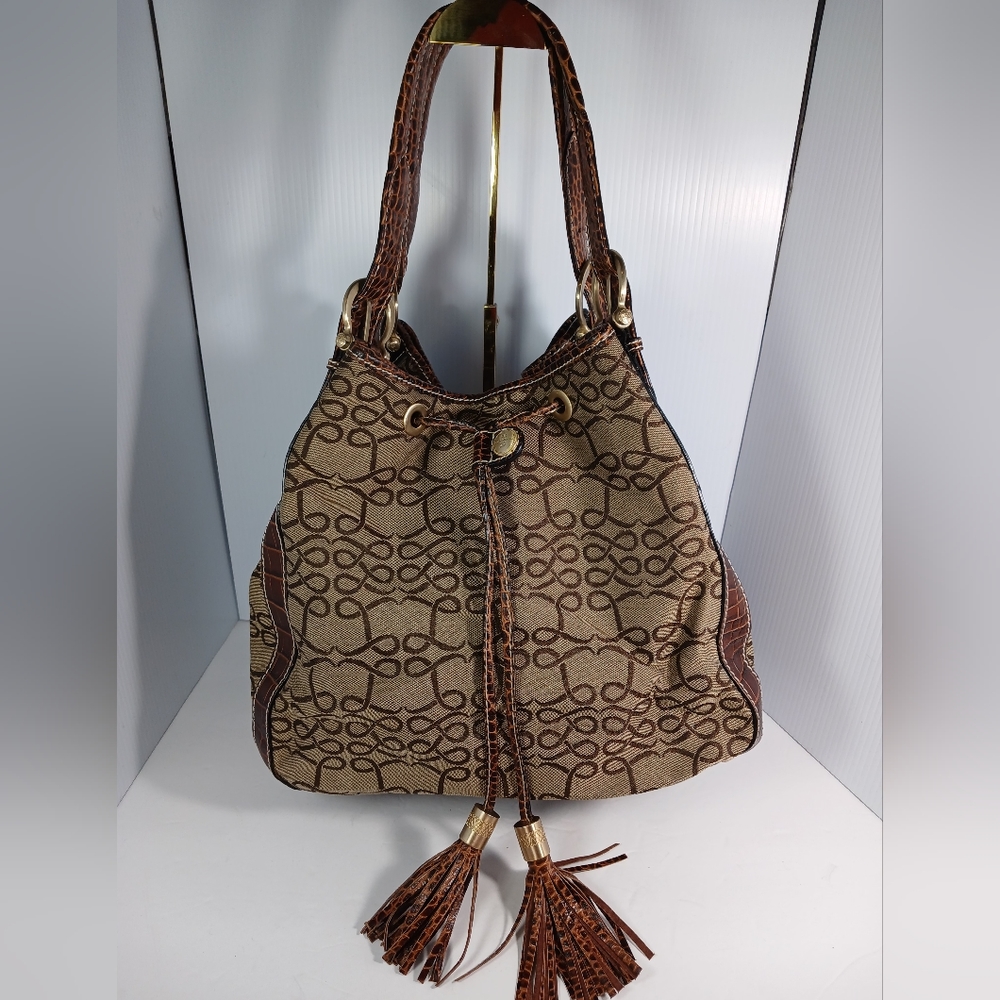 Lancel Canvas Monogram / leather brown crocodile bucket  handbag
